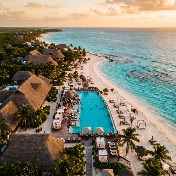 Beach club de lujo en Tulum visto desde el aire