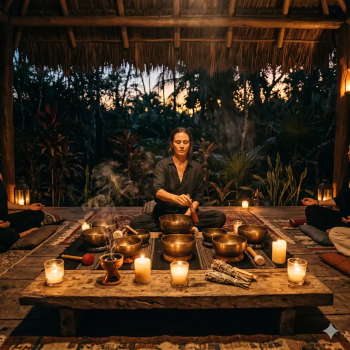 Ceremonia de sound healing con cuencos tibetanos en la selva